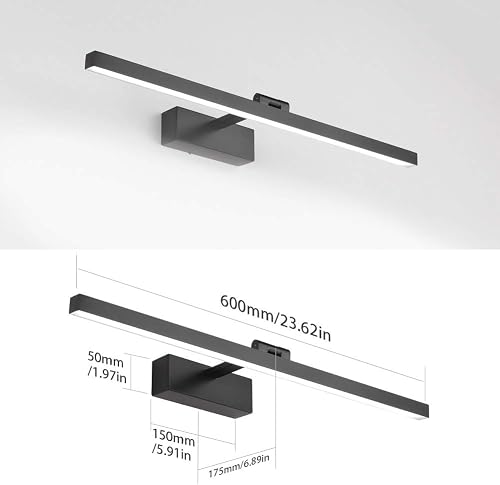 Klighten Luce Specchio Bagno Led 60cm Girevole di 180°, 18W 1170 Lumen, Impermeabile IP44 Lampada da Specchio Bagno, Applique Bagno Specchio Moderno, Bianco Freddo 5500K, Nero - 5