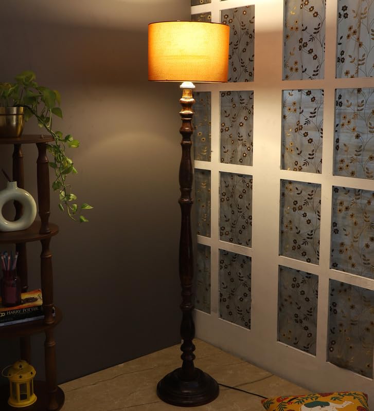 Image of tu casa Mango Wooden Floor Lamps with Classic Choco Shade for Home Decor, Bedrooms Corner, Living Room, Gifting, Diwali Decoration, Hall, Office, Study Room (Height: - 56 inch) - Bulb not Included