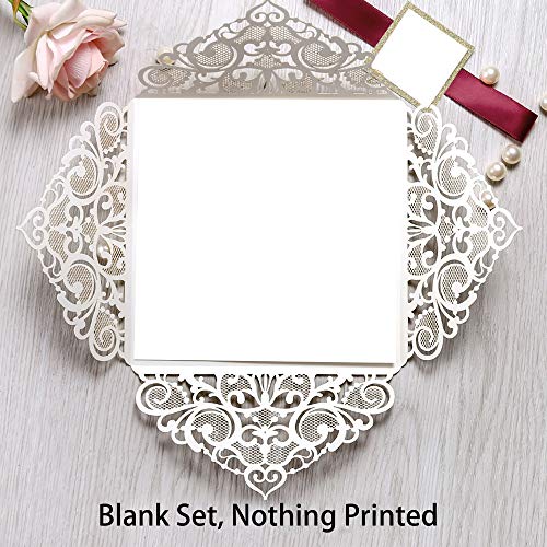 DreamBuilt 6.3 X 6.3 Inch 50PCS Blank Dark Gold Glitter Laser Cut Wedding Invitations With Envelopes Hollow Rose Pocket With Burgundy Ribbon Belly Band Wedding Invitation Cards For Wedding Invite