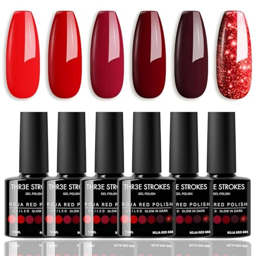 Image of THR3E STROKES Gel Nail Polish Set - 6 Colors Gel Polish Glitter Burgundy Sparkle Bloody Red Nail Polish Gel Manicure DIY Salon Nail Art Gifts (ROJA RED 888), 7.5 ml, Glossy Finish