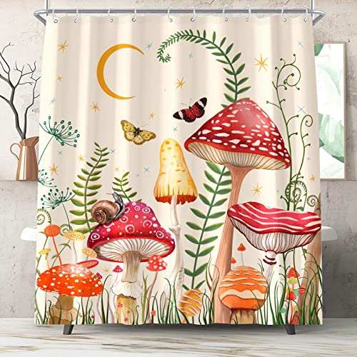 Zussun Mushroom Shower Curtain Set Beige And Red Floral Butterfly Waterproof Fabric Bathroom Shower Curtains Aesthetic Moon Flower Plant Bath Curtain Decor With Hooks (Beige, 72'' × 72'') #TOP3
