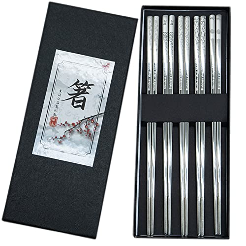 Palillos de Acero Inoxidable Reutilizables, 5 Pares de Palillos de Metal Aptos para lavavajillas, fáciles de Usar, Cuadrados claros claros, Set de Regalo