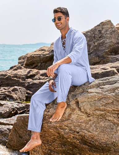 COOFANDY Men's 2 Piece Linen Set Long Sleeve Henley Shirts Casual Beach Pants With Pockets Summer Yoga Outfits4