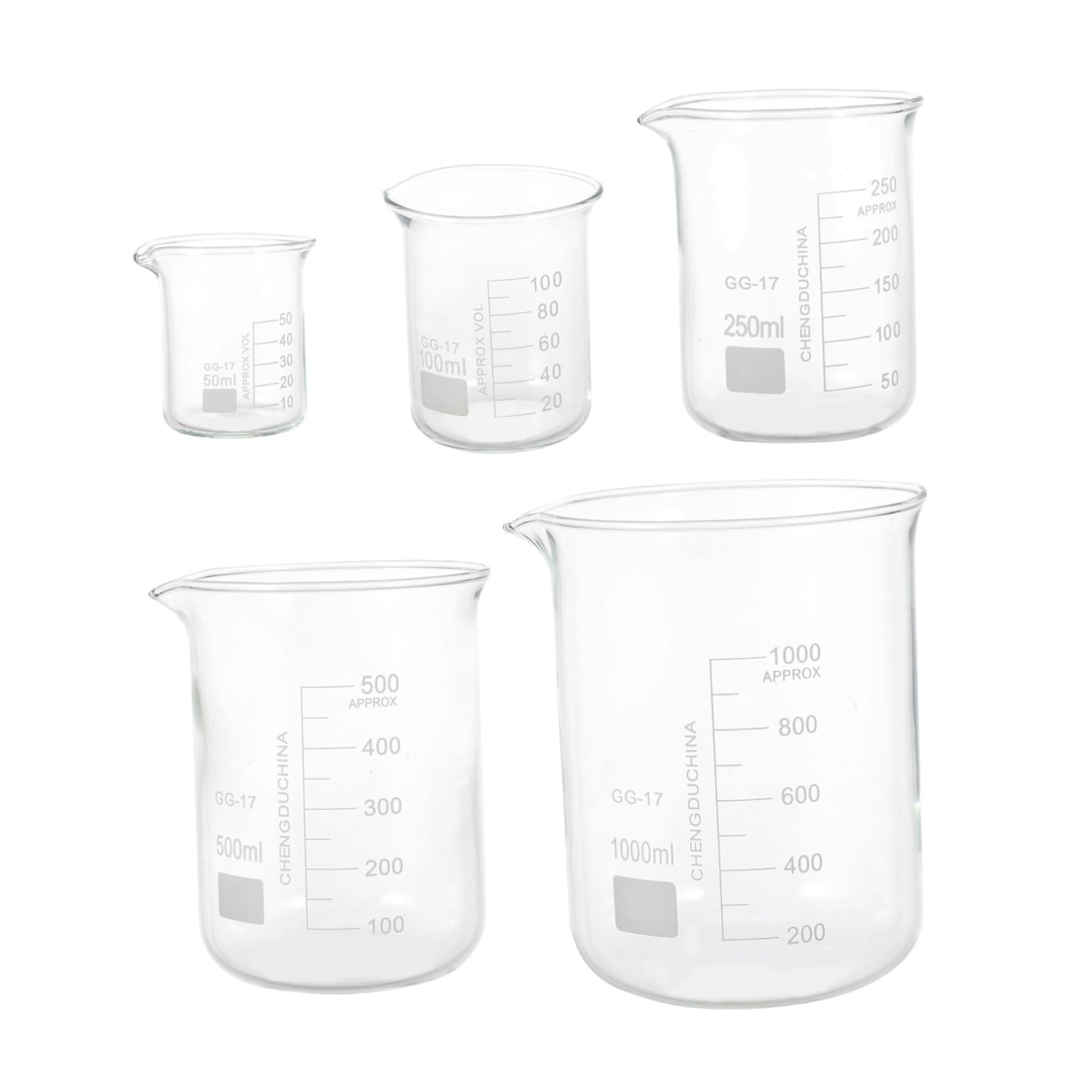 iplusmile 5piezas Vasos Medidores De Vidrio Graduados De Borosilicato Resistentes Al Calor Para Laboratorio Mezcladores Transparentes Para Líquidos Con Capacidad Para Experimentos Científico