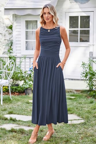 Image of Newshows Women 2025 Summer Maxi Dresses Vacation Ruched Boat Neck Tank Flowy Elegant Party Long Formal Dress Pockets