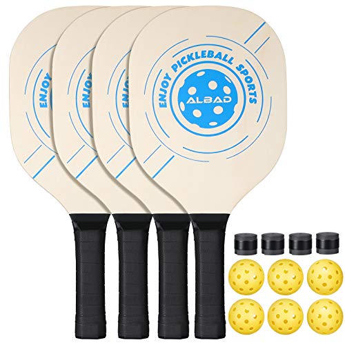Pickleball Paddle Durable Bundle, Premium Pickleball Paddles 4 pack, Professional Indoor & Outdoor Pickleball Set, Lightweight Pickleball Racket with 4 Wood Paddles + 6 Yellow balls and 1 carrying bag
