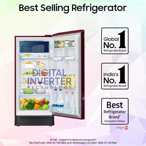 Image of Samsung 215 L, 4 Star, Digital Inverter, Direct-Cool Single Door Refrigerator (RR23H2H34BR /HL, Begonia Red, Base Stand Drawer, Single Touch Defrost, 2026 Model)