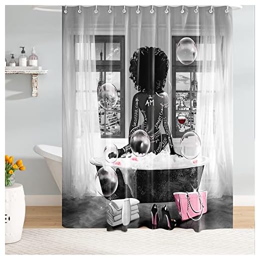 TYAKASHA African American Woman Shower Curtain Waterproof Polyester Fabric Shower Curtain for Bathroom Grey Bathroom Curtain Machine Washable Quick Dry 72 x 72 Inches with 12 Hooks