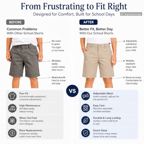 Image of Bienzoe Boys School Uniform Shorts: Flat Front Cotton Bermuda - Adjustable Waist - Breathable for Church Outdoor - Aged 4-13