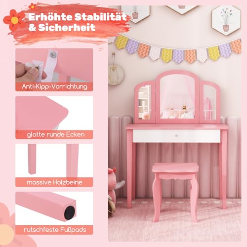 DREAMADE Schminktisch Kinder mit Hocker und abnehmbarem Spiegel,Prinzessin Frisiertisch, Frisierkommode, Kosmetiktisch, Kinderschminktisch mit Kiefernholz-Beine für Kinder Mädchen (Rosa)