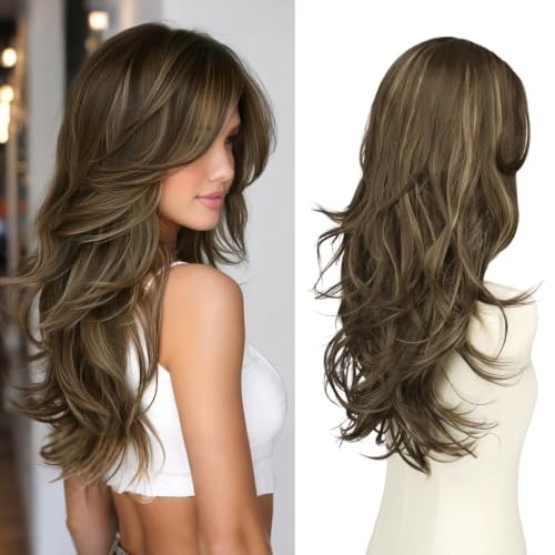 Haloo Brown Long Layered Wig with Curtain Bangs Straight Wigs for Women