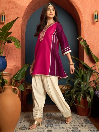 Image of EthnicJunction Women's Cotton Silk gota Patti Work High-Low Kurti with farshi Salwar | Co Ord Set for Women Stylish | Festival wear | Kareena Kappor Kurta Set | Wedding | Ethnic Kurta Set