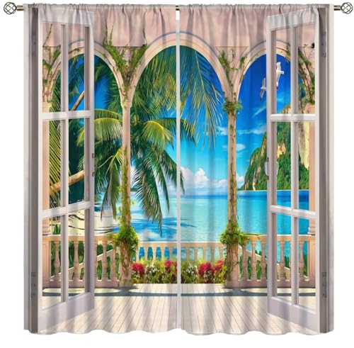 Ocean Sunset Beach Decor Curtain，Blue Tropical Hawaii Palm Tree Leaf Sea Coastal Seaside Summer Landscape Fabric Bedroom Decor Curtain Set 2 Panels,42x45 Inches
