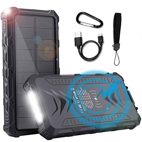 Sendowtek Batería Externa Solar 20000mAh, Batería Portátil Solar Power Bank con Cargador USB/USB C/Qi Wireles para Smartphone Tablet PC, Linterna SOS para Viajes de Campamento