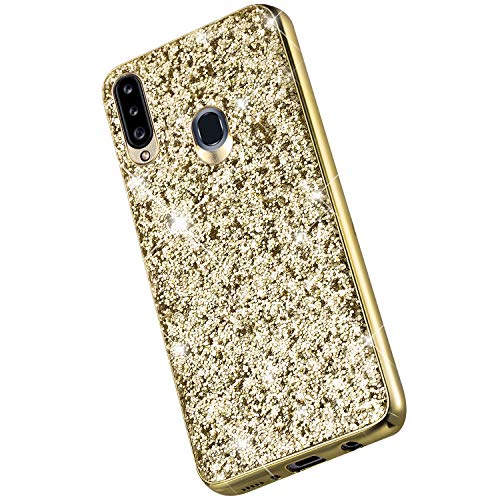Saceebe compatible con Galaxy A20S Funda Silicona TPU Glitter Estuche de TPU Carcasa de lentejuelas PC+TPU Flexible Silicona Cover [Anti-Choque] Suave Ultra Delgado Protectora,oro Cover
