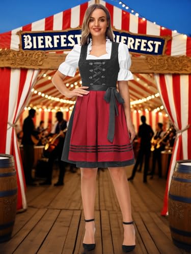 3 Piece Dirndl Dresses Women, Oktoberfest Carnival Costume, German Bavarian Dress, Black-red XXL