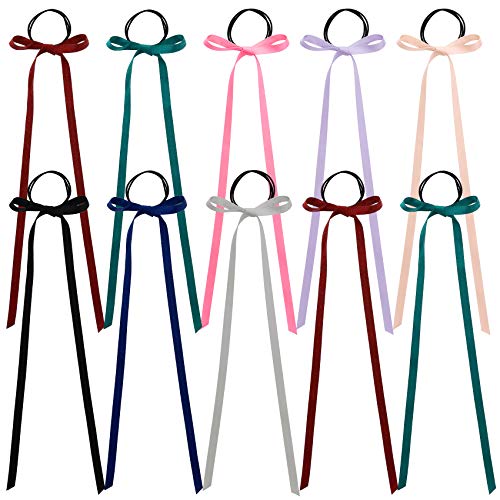 PAGOW 10 Pieces Long Silk Ribbon Hair Bands, Colourful Hair Scarf with Bow Silk Hair Ties, Satin Hair Scrunchies for Women Kids Girls