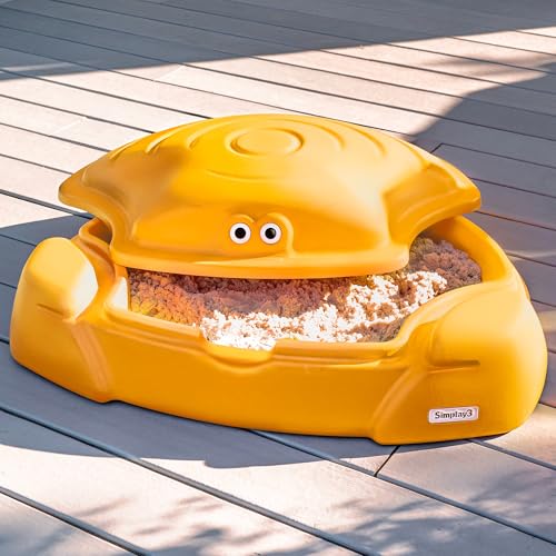 Image of Simplay3 Coastal Crab Fully Assembled Sandbox for Kids, Toddler Outdoor Sand Box with Lid for Playground, Backyard, Ages 1.5 to 5 Years, Made in USA, Cheddar
