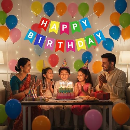 Image of Partycat Multicolor Birthday Decoration Combo - inchHappy Birthday inch Cardstock Banner & 25 Metallic Balloons - Party Supplies for All Ages - Home, Office, Outdoor Decor