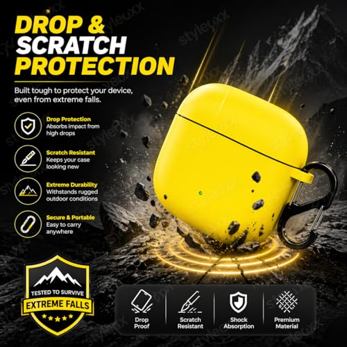 Image of Anvique Silicone Case Cover for Oneplus Nord Buds 4 Pro, Scratch Resistance, Shock Absorption, with Premium Carabiner (Yellow)