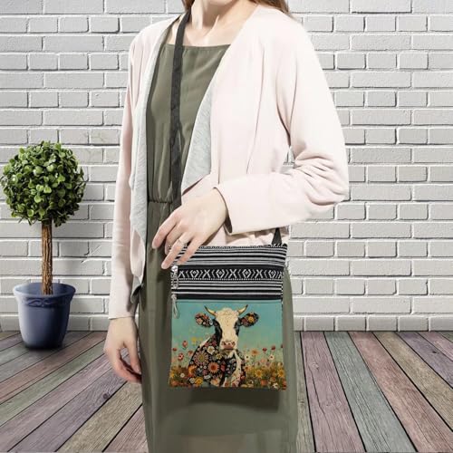 Floral Cow Messenger Bag Small Ethnic Pattern Printed Adjustable Strap Crossbody Zipper Bag Floral Cow Phone Bag Wallet Cute Shoulder Handbag for Women Friends -23