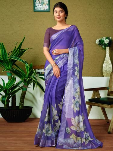 Image of SIRIL Women's Linen Digital Printed Saree With Unstitched Blouse Piece