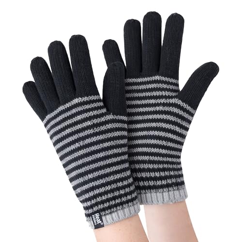 Image of HEAT HOLDERS - Ladies Cute Striped Fairisle Warm Knitted Fleece Lined Winter Thermal Gloves (S/M, Black (Oslo))