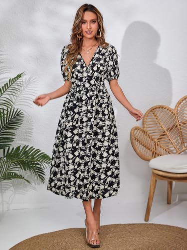 Image of Women's Elegant Floral Dress Coll. (All-Seasons) - Sleeveless /Short /Midi, V-Neck Ruffle, Fashion Casual Party Dresses