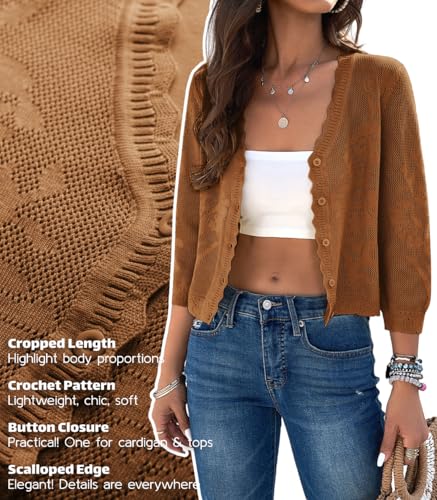 Image of Women Crop Cardigan Sweaters Lightweight 3 /4 Sleeve Button Up Crochet Shrug | Textured Bolero For Dresses Dressy Casual, V Neck, Ladies Eyelet Shawl Thin Trendy