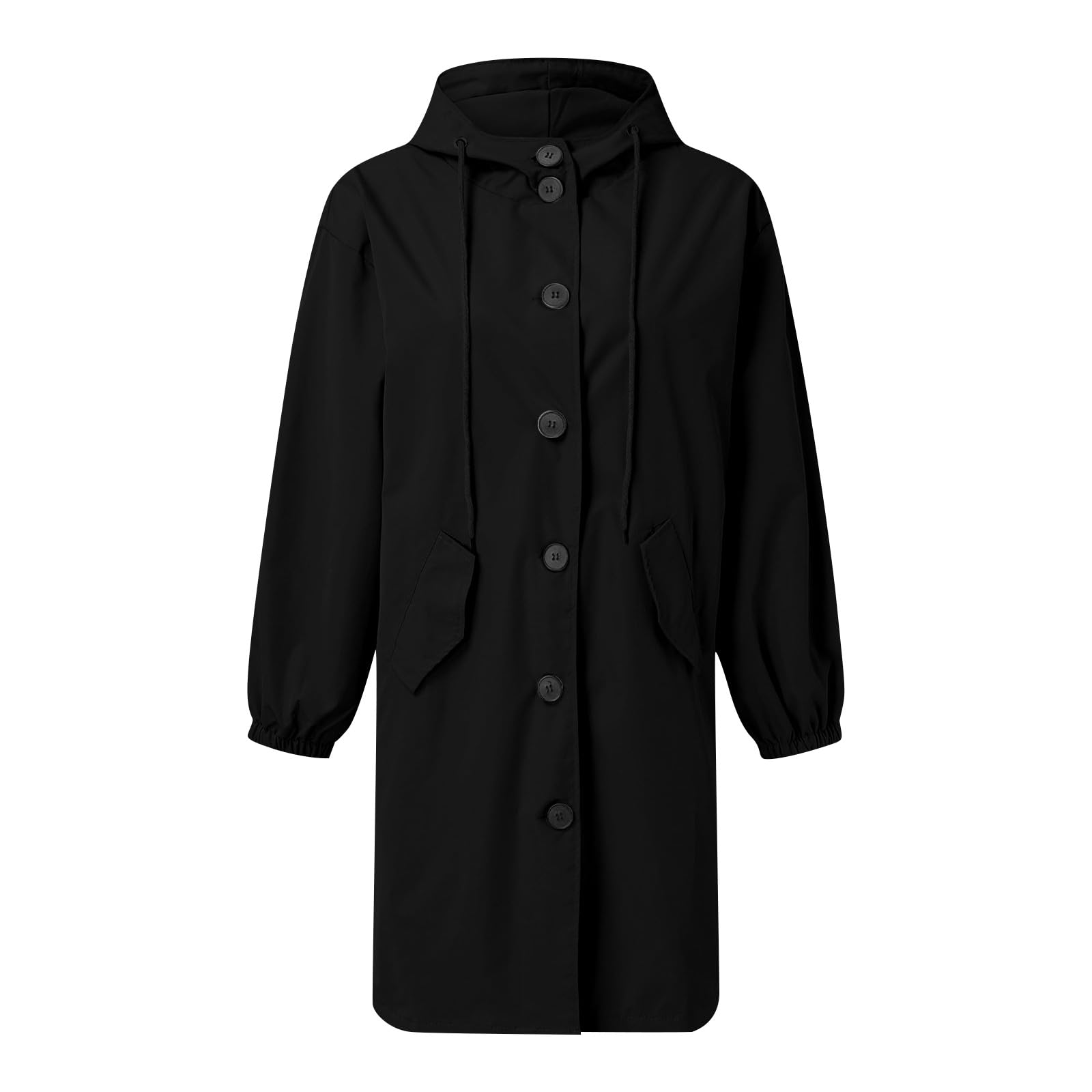 Generisch Trench noir pour femme, trench coat long avec capuche, parka, manteau de transition, manteau d'été, veste coupe-vent, veste d'extérieur léger, trench coat, manteau, coupe-vent, noir, L