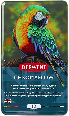 Derwent Chromaflow Pencils, Set of 12 in Tin, 3.5mm Round Core, Premium Core Strength, Blendable with Smooth Texture, Ideal for Drawing, Colouring & Layering, Professional Quality, 2305856