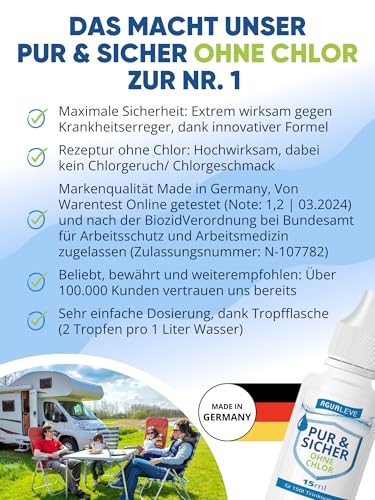 15ml PUR & SICHER *ohne* Chlor Wasseraufbereiter Trinkwasser – Inaktiviert Keime, Viren, Bakterien | Wohnmobil, Wohnwagen, Camping, Outdoor, Notvorrat, Notfall, Survival, Reisen | für 150l Wasser