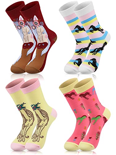 Loopeer 4 Pairs Horse Crew Socks Christmas Novelty Socks for Women Girls Fun Horse Pattern Socks Gifts for Christmas Holiday Supplies
