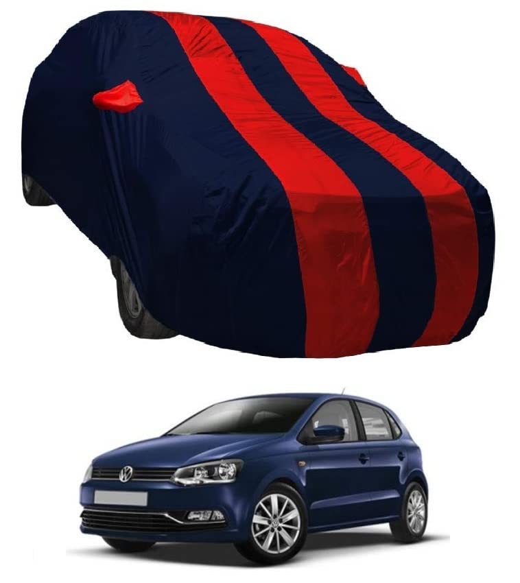 Image of Auto Hub Car Cover Compatible with Polo with Weather Proof, Mirror Pocket, Triple Stitched, Polo Car Cover- Navy-Red