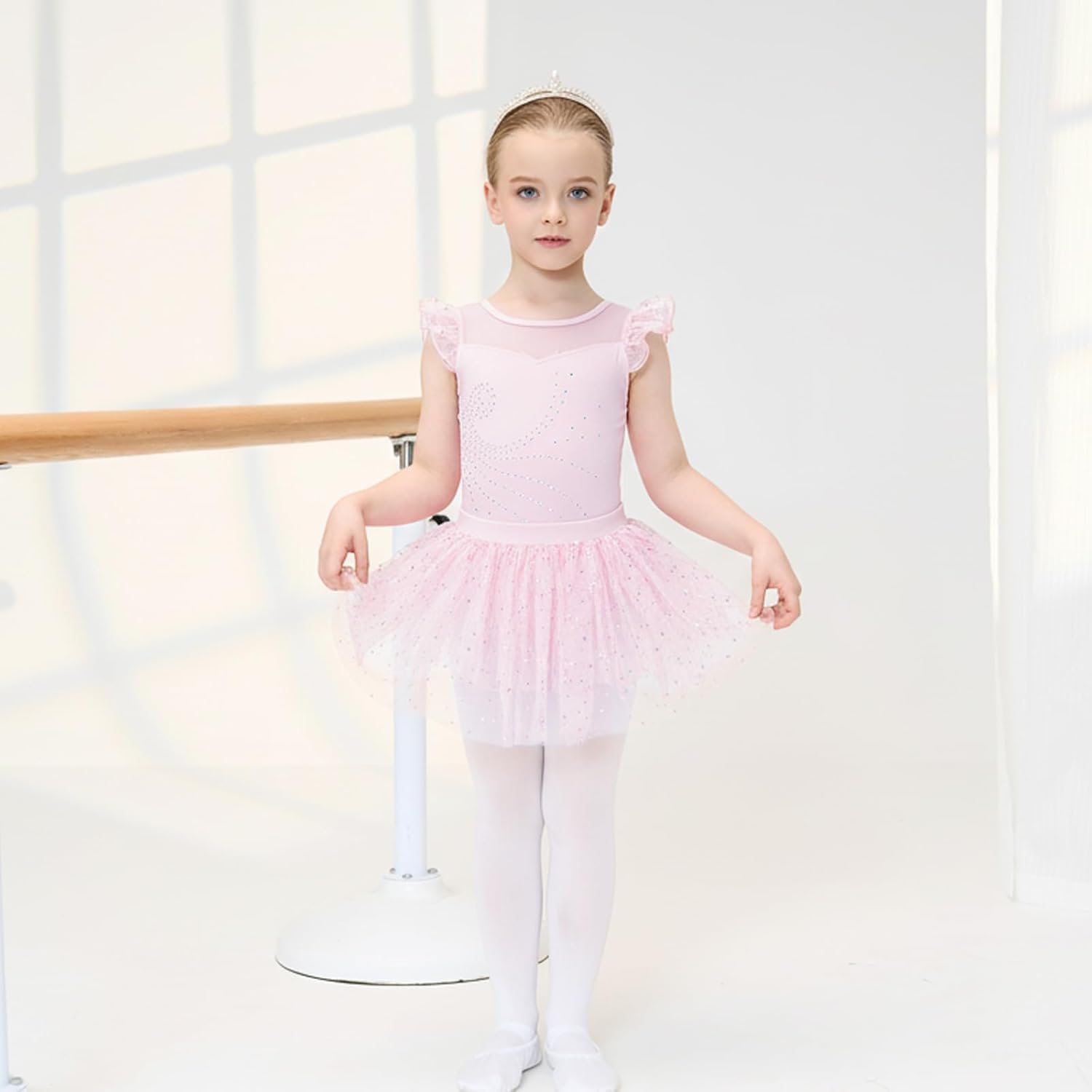 JiAmy Mädchen Ballettbekleidung Rüschenärmel Ballettkleid Kinder Ballett Outfit Tanzkleid Ballerina Kleid mit Rock Tütü für 3-10 Jahre