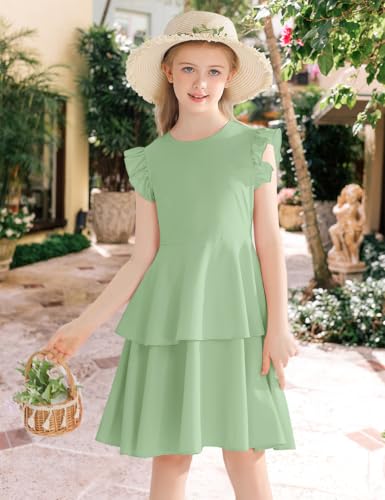 Girls' Dresses Ruffle Sleeve Solid Semi Formal Tiered Swing Midi Casual Summer Dress 6-14 Years2