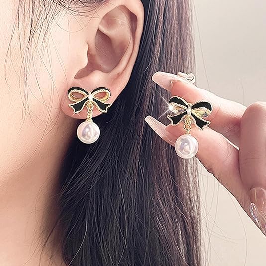 Gold Bow Earrings for Women, Long Tassel Chain Drop Earrings, Trendy Small Bow Earrings, Ribbon Waterfall Dangling Earrings, Pearl Bow Earrings, Sparkly Elegant Bowknot Preppy Jewelry Gifts for Women - Image 3