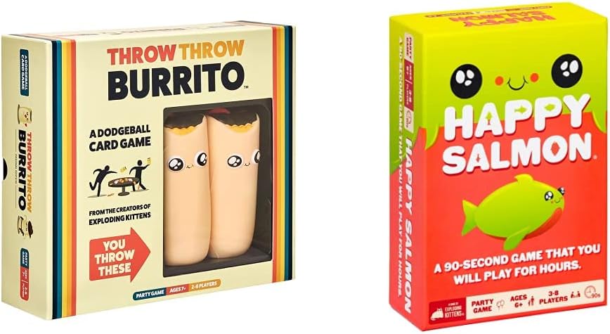 Throw Throw Burrito by Exploding Kittens - Card Games for Adults Teens & Kids - Fun Family Games - A Dodgeball Card Game & Happy Salmon by - Card Games for Adults Teens & Kids - Fun Family Games