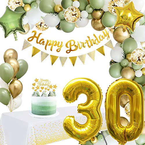 30. Geburtstag Deko, Grüne Deko 30 Geburtstag Dekoration mit Nr30. Luftballons,Happy Birthday Banner, Konfetti Luftballons, Tortenaufsatz,Tischdecken für 30. Frauen Männer Geburtstagsdeko Cover