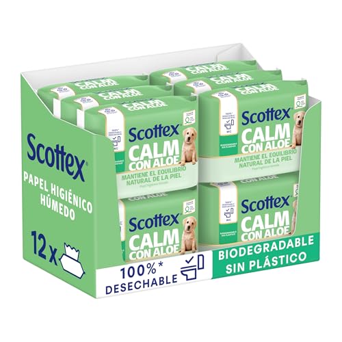 Scottex Papel Higiénico Húmedo con Aloe Vera y Prebióticos, Biodegradable y Sin Plástico, Caja 12 Packs de 66 Servicios, Total 792 Toallitas Húmedas Desechables por WC