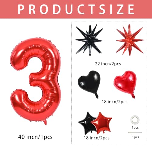Image of TONIFUL 3rd Birthday Balloons Kit 40 Inch Red Large Number 3 Foil Balloon | with 18Inch Helium Mylar Heart Star Balloons for Kids Women Men Birthday Anniversary Graduation New Year Eve Party Decoration