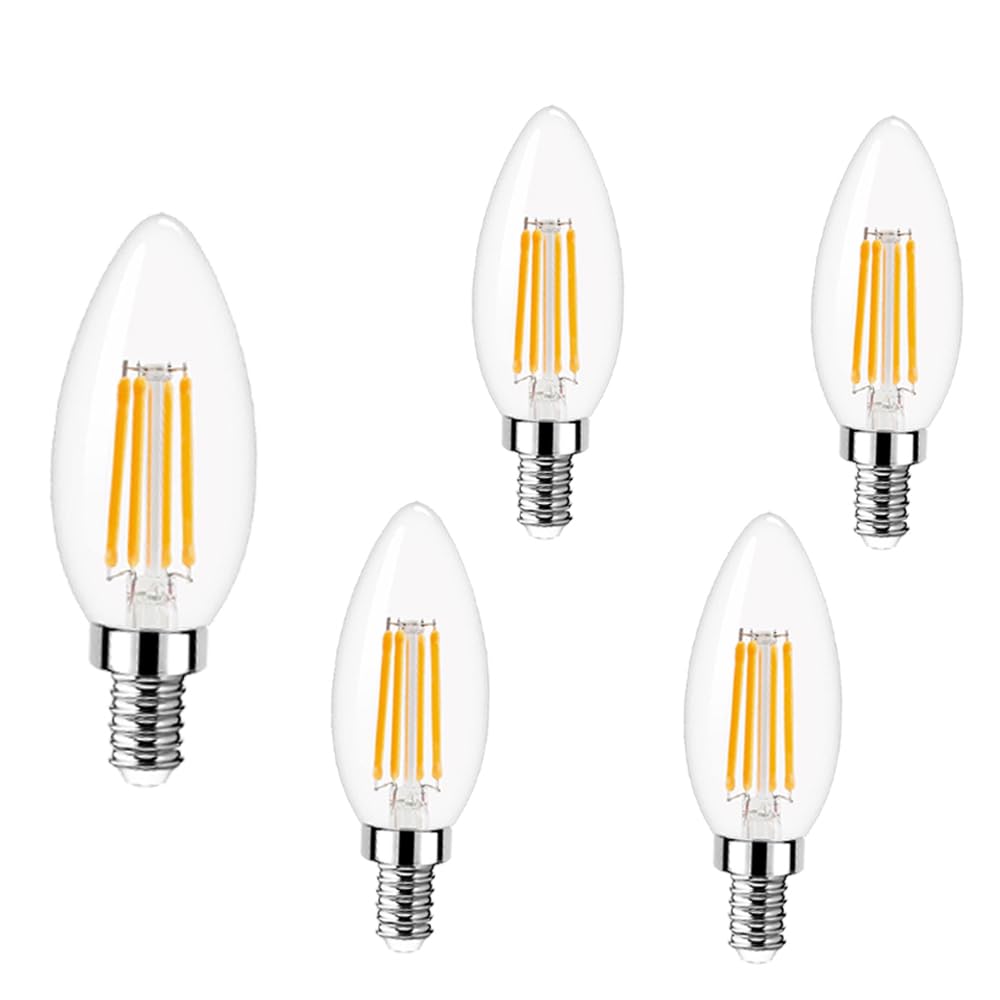 Linqzxz E14 LED-Kerzenbirne, SES Filament Kleine Edison-Schraubglühbirnen, Nicht dimmbar 6W entspricht 60W, Warmweiß 2700K C35 Glas-Kerzenbirnen, 600lm, Packung mit 5 Stück [Energieeffizienzklasse F]