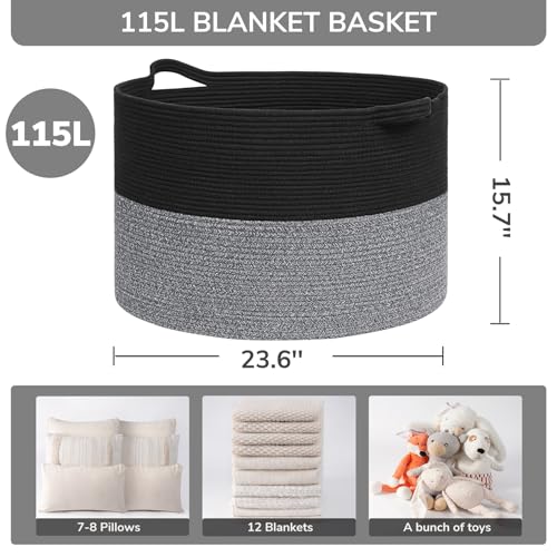 Image of INDRESSME 115L Extra Large Cotton Rope Blanket Basket, Woven Basket for Toy Storage Organizer & Laundry Toy Box for Living Room Area & Nursery Room, Black & Grey