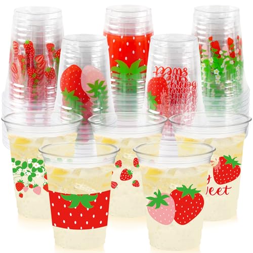 CUPLOOV 50Pcs Strawberry Party Decoration Cups, 12 OZ Disposable Plastic Strawberry Cups for Berry First Birthday Party Decor Supplies