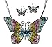 Multicolor Butterfly Pendant Necklace with Enamel Inlay and Matching Earrings Set by Jewelry Nexus