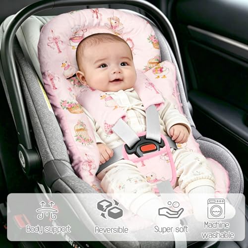 Image of Infant Car Seat Insert with 3 Strap Covers, Soft Car Seat Head Support for Baby Girls, Plush Fabric Newborn Insert for carseat, Strollers, Swings, Bouncer, Flower Goose