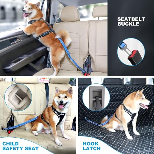 Image of IOKHEIRA Dog Seat Belt 3-in-1 Car Harness for Pets Adjustable Safety Seatbelt Nylon Reflective Bungee Fabric Dog Car Harness with Clip Hook Latch & Buckle, Swivel Zinc Alloy Carabiner (Bule)
