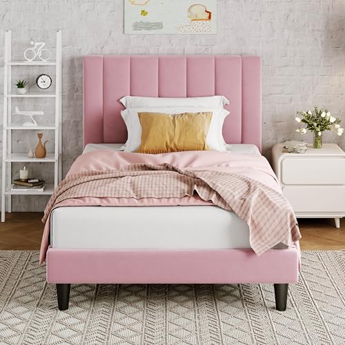 Image of Allewie Twin Bed Frame/Velvet Upholstered Bed Frame with Vertical Channel Tufted Headboard/Strong Wooden Slats/Platform Bed Frame/Mattress Foundation/Box Spring Optional/Easy Assembly/Pink