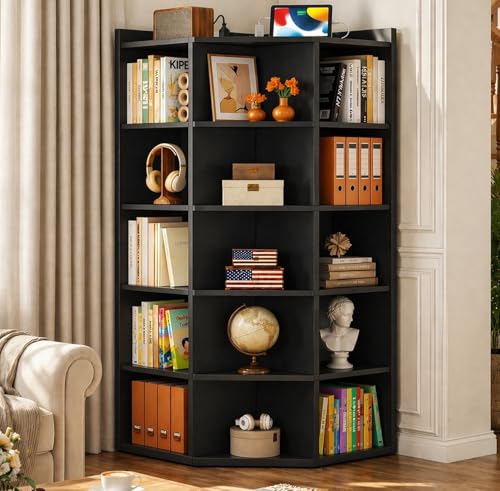 Aheaplus 6-Tier Corner Cube Bookshelf with Power Outlets Wooden Corner Storage Cabinet with 15 Cubes Corner Cube Organizer Shelf with Top Table L Shaped Cubby Bookcase for Home Office Black