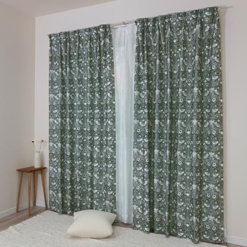 【144サイズ】 ウィリアム・モリス 防炎カーテン2枚セット 【Strawberry Thief いちご泥棒】 3級遮光ドレープ1枚+ミラーレース1枚 (約200cm幅×約150cm丈) P332S 断熱 日本製 洗濯機OK